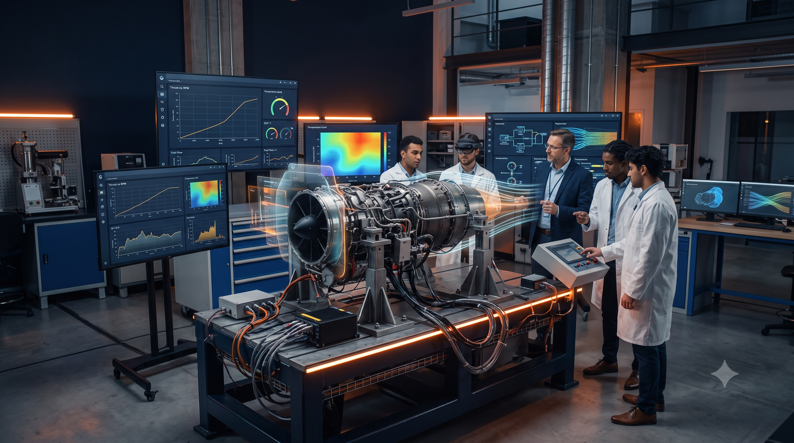 College aerospace lab with physical engine and digital dashboard