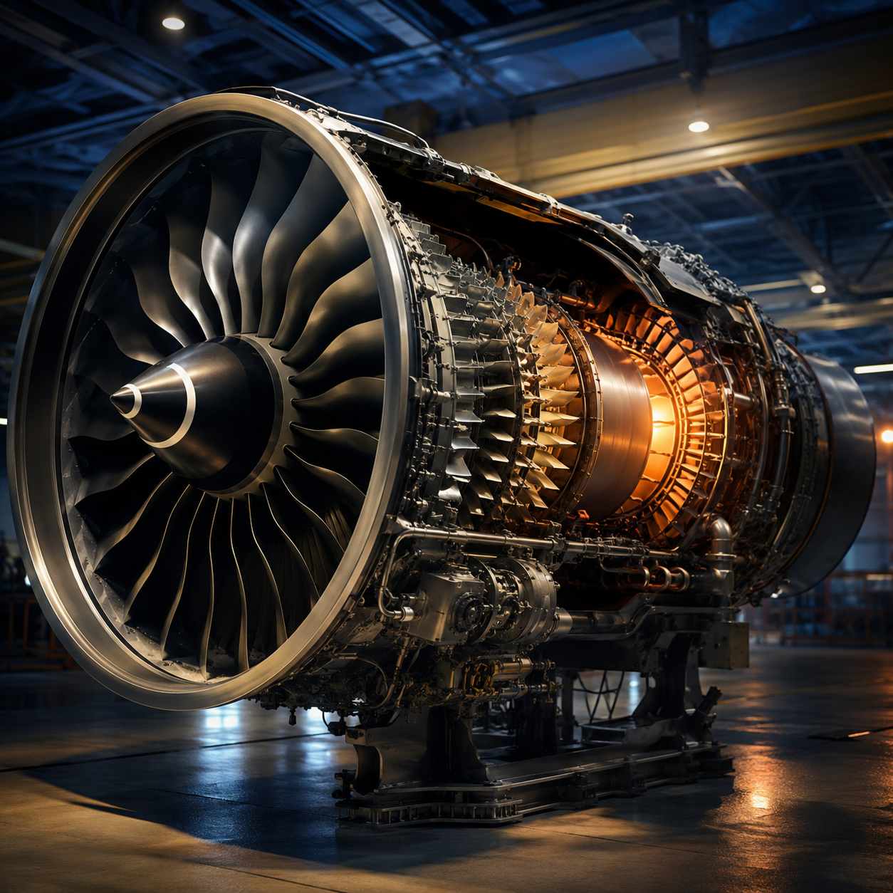 Cutaway aircraft engine showing fan, compressor, turbine, and glowing core